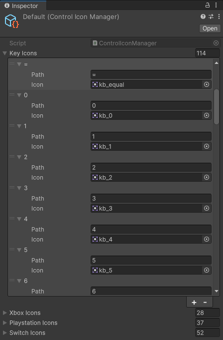 A list of number keys and their corresponding icons in a Control Icon Manager asset