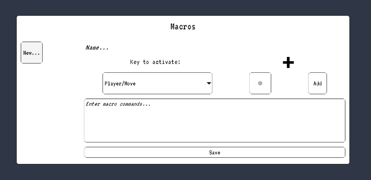 The macro menu UI in edit mode, with fields for title, triggering key, action select, commands, and a save button